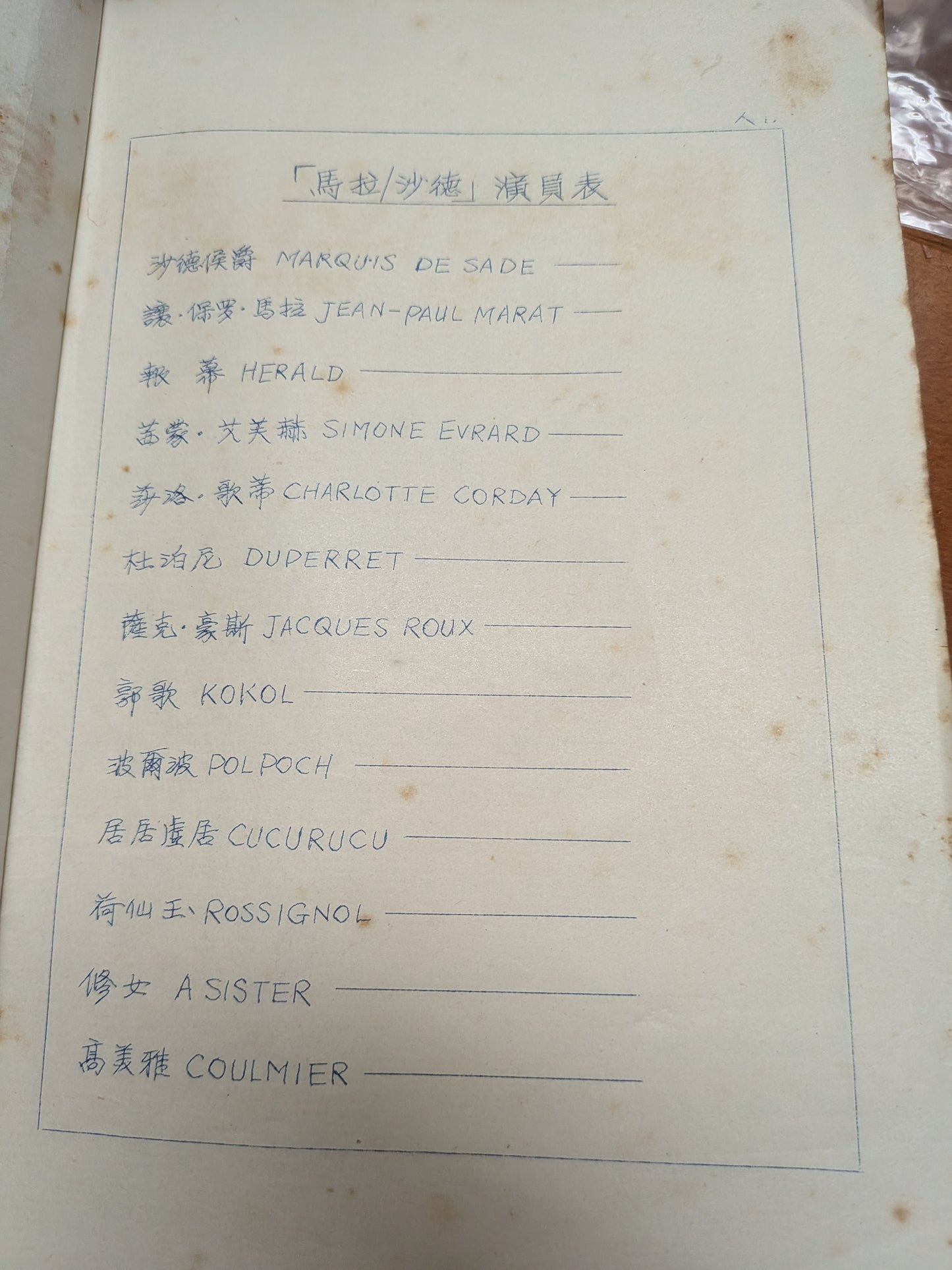 馬拉/沙德 彼得韋斯編劇 陳載澧吳清輝譯 市政局香港話劇團 1984
